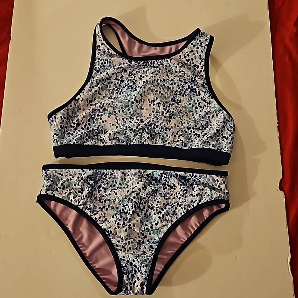 Eddie Bauer Girls L 2-piece Reversible Swimsuit Navy Blue Polka-dot and Purple